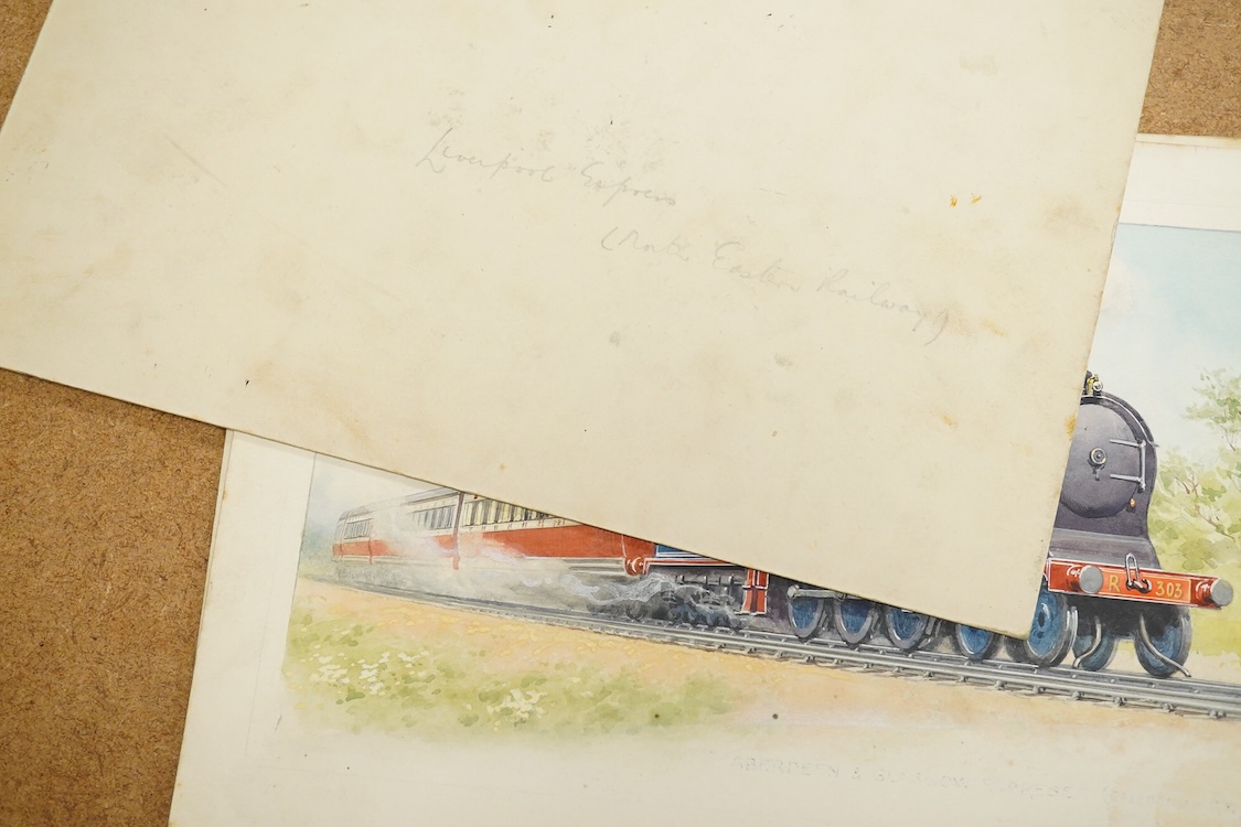 Charles Thomas Howard (1865-1942), a set of six original watercolours for postcard designs, Steam Trains to include ‘A Royal Train, Eastern and Chatham Railway’, ‘Cornish Express, GWR’ and ‘Aberdeen and Glasgow Express,